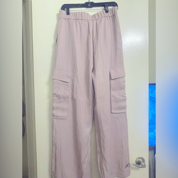 ZARA Dusty Rose Asymmetrical Elastic Waist Wide Leg Cargo Utility Pants - Picture 2 of 7